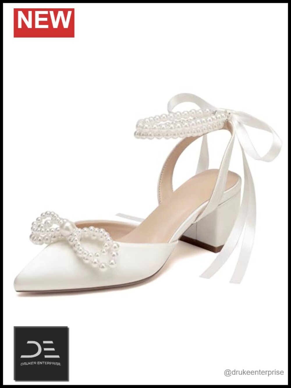 Satin Block Heel Ankle Strap Heeled Sandals Wedding Pumps with Pearls